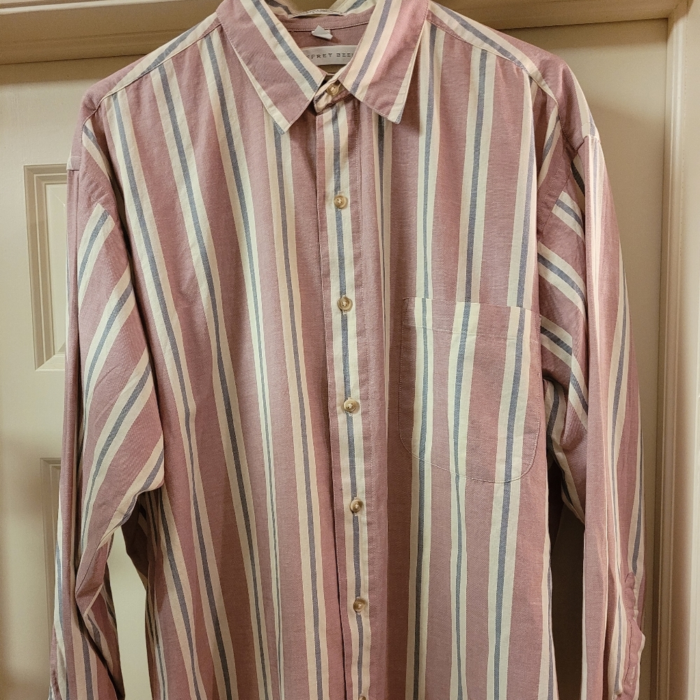 Geoffrey Beene men's button down, rose/blue/white, size L 100% cotton shirt.